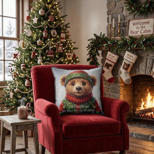 Whimsical Christmas Elf Teddy Bear Folklore Kissen (Cute Festive Teddy Bear Elf, whimsical storybook woodland animal Christmas Cushion, Holiday Pillow)