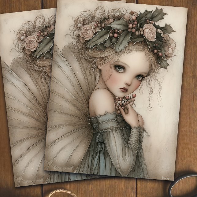 Whimsical Christmas Fairy Holly & Berry Decoupage Seidenpapier (Von Creator hochgeladen)