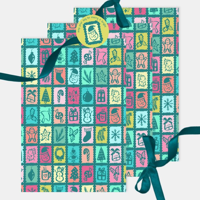 Whimsical Christmas Grid Cute Bright Holiday Geschenkpapier Set (Whimsical Christmas Grid Cute Bright Holiday Wrapping Paper Sheets
)