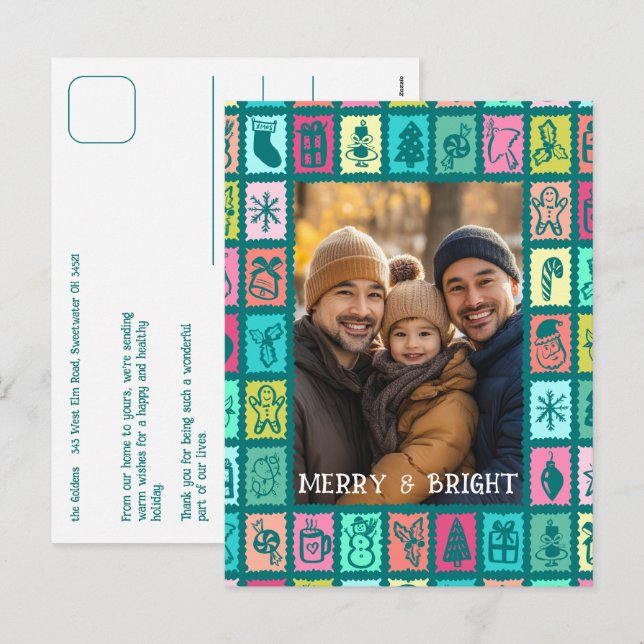 Whimsical Christmas Grid Cute Custom  Feiertagspostkarte (Vorne/Hinten)
