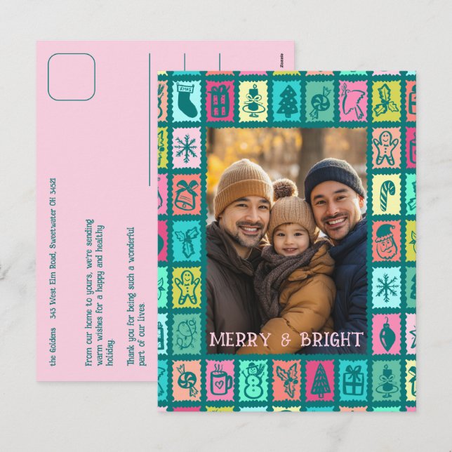Whimsical Christmas Grid Cute Custom  Feiertagspostkarte (Vorne/Hinten)