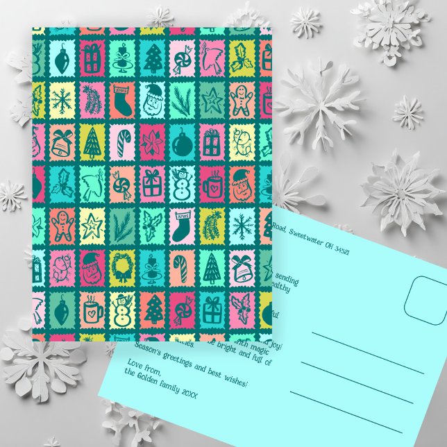 Whimsical Christmas Grid Cute Custom  Feiertagspostkarte (Whimsical Christmas Grid Cute Custom Colorful Non-Photo Holiday Postcard
)