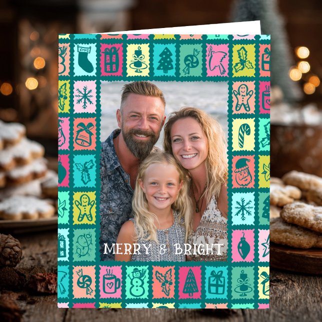 Whimsical Christmas Grid Cute Custom PHOTO Message Karte (Whimsical Christmas Grid Cute Custom PHOTO Message Folded Holiday Card
)