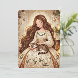 Whimsical Christmas-Katze & Winter-Mädchen-Kunst Dankeskarte