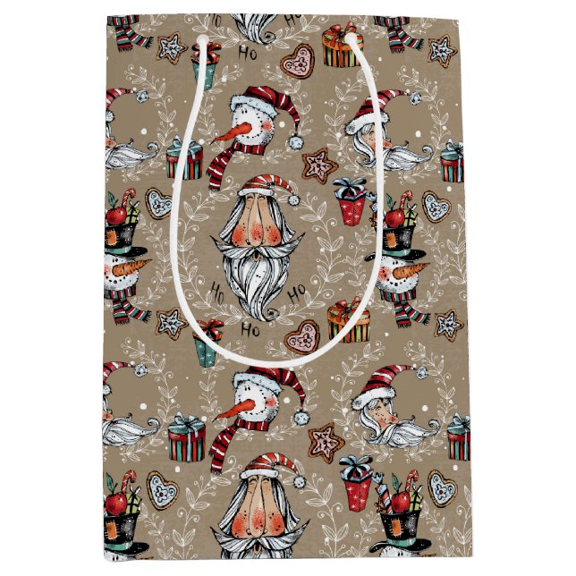 Whimsical Christmas Santa and Snowman  Mittlere Geschenktüte (Vorderseite)