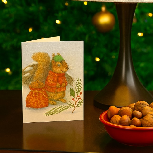 Whimsical Christmas Squirrel Wildlife  Feiertagskarte (Whimsical squirrel Christmas card with pencil-style illustration, woodland charm, and holiday cheer.)