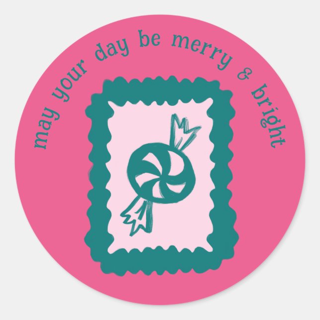 Whimsical Christmas Stamp Cute Custom Merry Bright Runder Aufkleber (Vorderseite)
