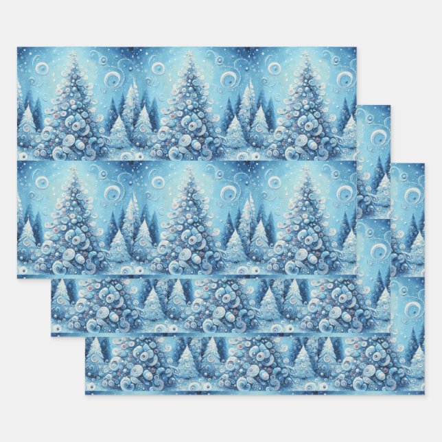 Whimsical Christmas Tree Blue Decoupage Geschenkpapier Set (Set)