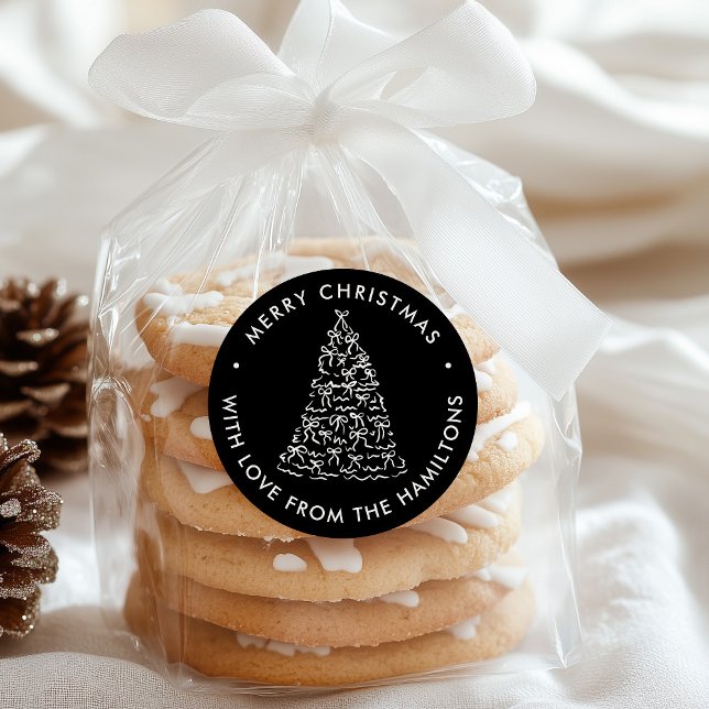 Whimsical Christmas Tree Bows Black Christmas Runder Aufkleber (Von Creator hochgeladen)