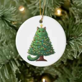Whimsical Christmas Tree Cat Holiday  Keramik Ornament