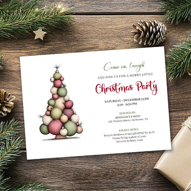 Whimsical Christmas Tree Red Green Holiday Invite Einladung (Whimsical Christmas Tree Red Green Holiday Invite)