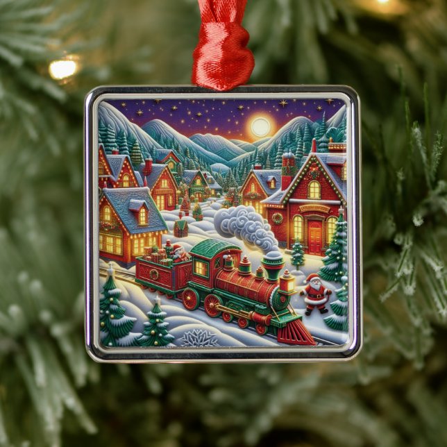 Whimsical Christmas Village Santa & Train Ornament (Baum)