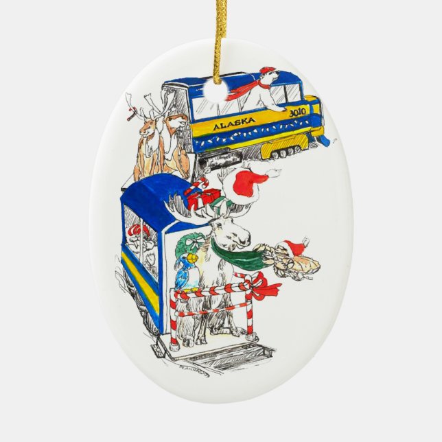 Whimsical Christmas Wildlife Train Tree Keramik Ornament (Vorne)