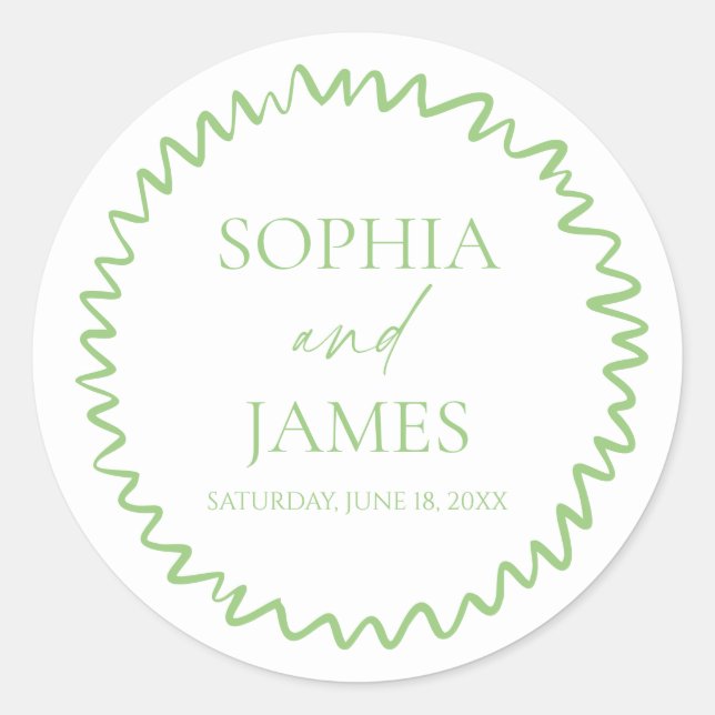 Whimsical Citrus Green Wavy Border Wedding Runder Aufkleber (Vorderseite)