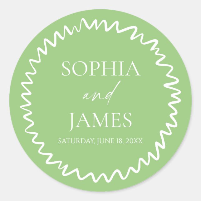 Whimsical Citrus Green Wavy Border Wedding Runder Aufkleber (Vorderseite)