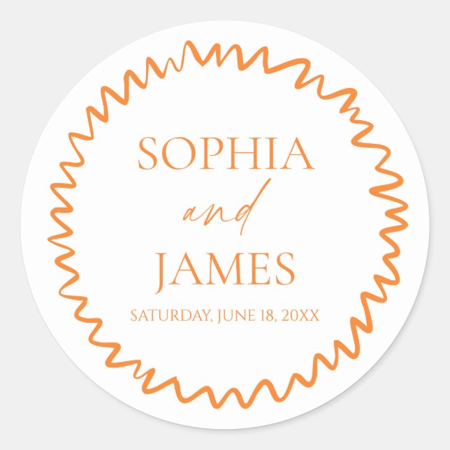 Whimsical Citrus Orange Wavy Border Wedding Runder Aufkleber (Vorderseite)