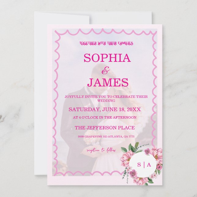 Whimsical Citrus pink & flower Wedding  Invitatio Einladung (Vorderseite)