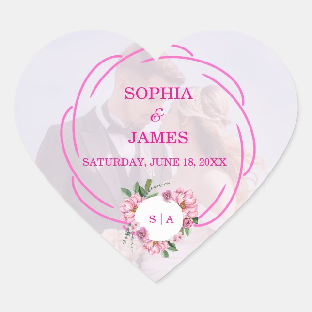 Whimsical Citrus Pink & flower Wedding  Sign Herz-Aufkleber (Vorderseite)