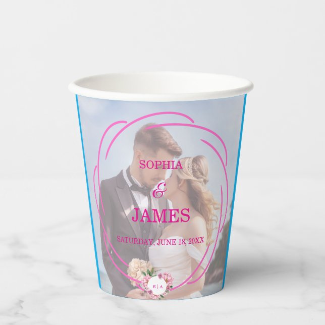 Whimsical Citrus Pink & flower Wedding  Sign Pappbecher (Vorderseite)