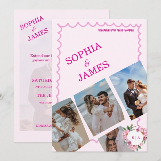 Whimsical Citrus pink & Photo Collage Wedding Einladung (Vorne/Hinten)