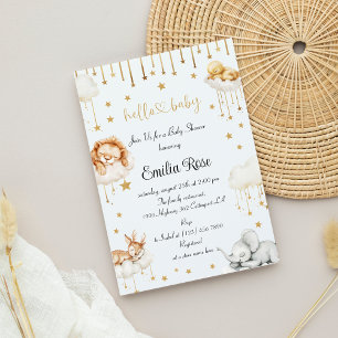 Whimsical Cloud Baby Dusche Gold Stars Süße Tier Einladung