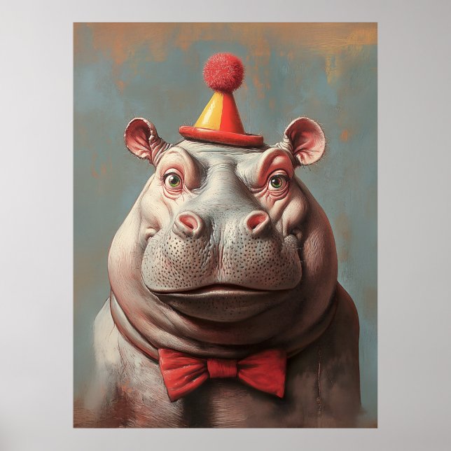 Whimsical Clown Hippo Portrait Poster (Vorne)