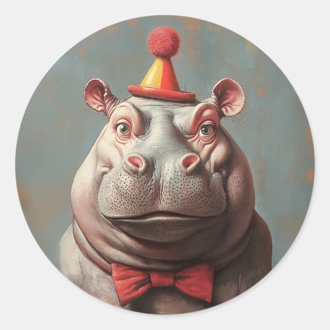 Whimsical Clown Hippo Portrait Runder Aufkleber (Vorderseite)