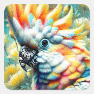 Whimsical Cockatoo Bird Gelbe Papi floral Quadratischer Aufkleber
