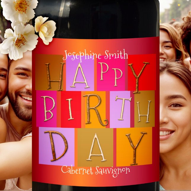Whimsical Colorful Birthday Wine Label Weinetikett (A vibrant and celebratory birthday wine label featuring playful retro-style "Happy Birthday" letters)
