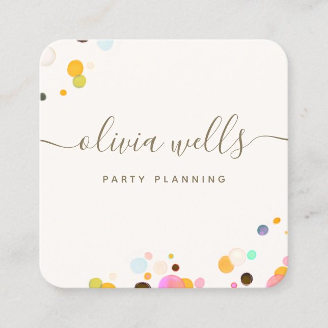 Whimsical Colorful Confetti Signature Script Quadratische Visitenkarte (Vorderseite)