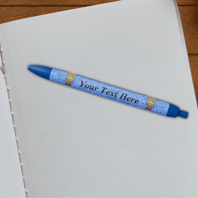 Whimsical Colorful Fantasy Owl Kugelschreiber (Two fantasy  brightly coloured owls big eyes on mixed light and dark blue background on writing pen.)