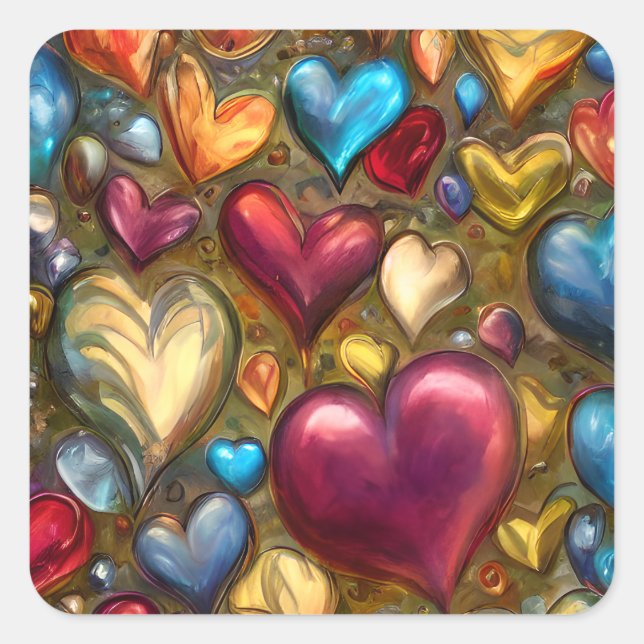 Whimsical Colorful Jewel Toned Herz Print Quadratischer Aufkleber (Vorderseite)