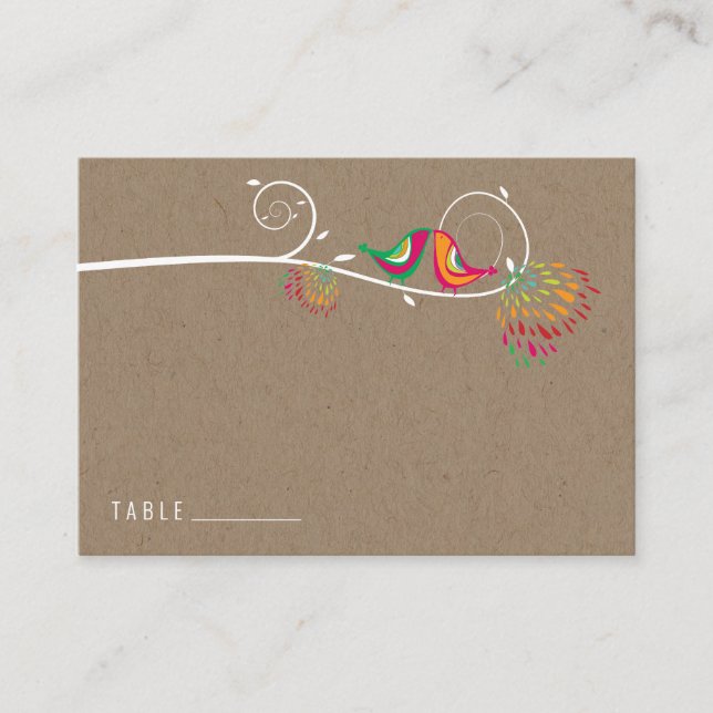 Whimsical Colorful Kissing Summer Birds Wedding Platzkarte (Vorderseite)