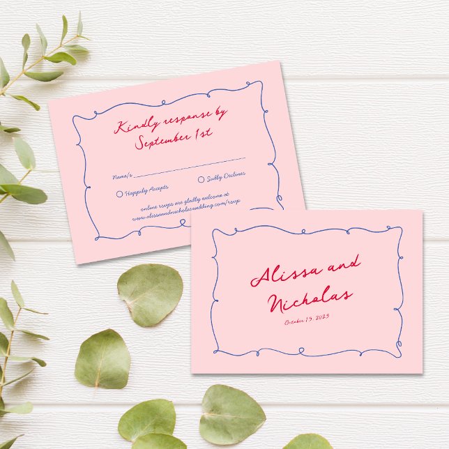Whimsical Colorful Wavy Border & Script Hochzeit RSVP Karte (Von Creator hochgeladen)