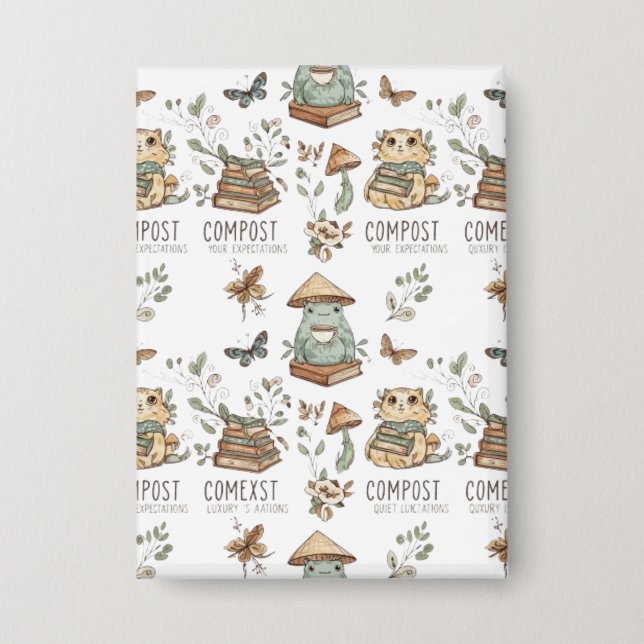 Whimsical "Compost Your Expectations" Frog & Cat P Button (Vorderseite)