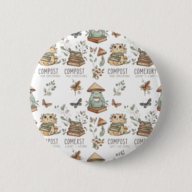 Whimsical "Compost Your Expectations" Frog & Cat P Button (Vorderseite)