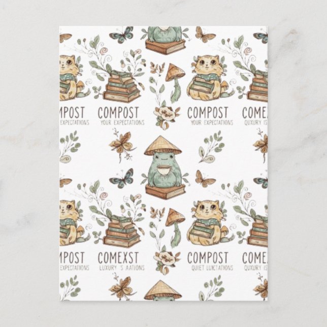 Whimsical "Compost Your Expectations" Frog & Cat P Postkarte (Vorderseite)