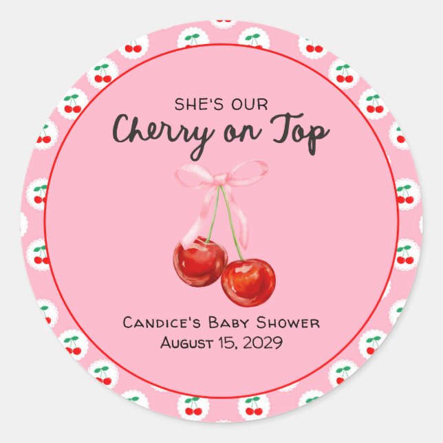 Whimsical Coqette Cherry auf Top Baby Dusche Runder Aufkleber (Vorderseite)