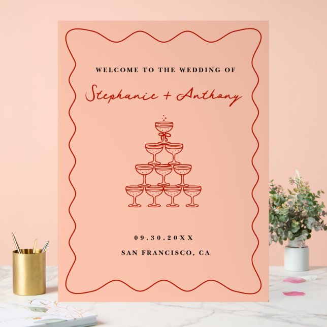 Whimsical Coral and Cherry Red Champagne Wedding Acrylschild (Hochzeit)