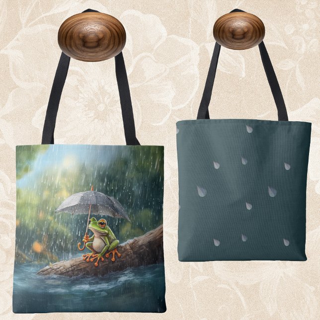Whimsical Cotattcore Frog Rainy Day Ästhetik Tasche (Whimsical woodland cottagecore rainy day frog tote bag shopping book bag library bag dark academia)