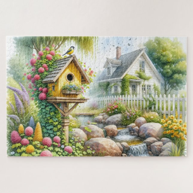 Whimsical Cottage Garden Birdhouse Stream (Horizontal)