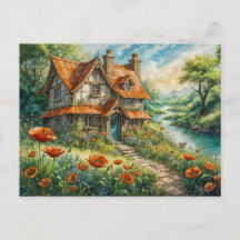 Whimsical Cottage with Poppy Flowers