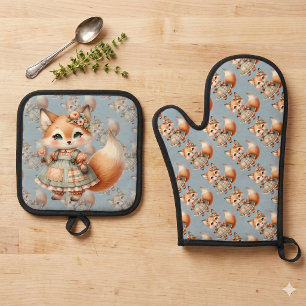 Whimsical Cottagecore Floral Pastell Fuchs Ofenhandschuh & Topflappen-Set