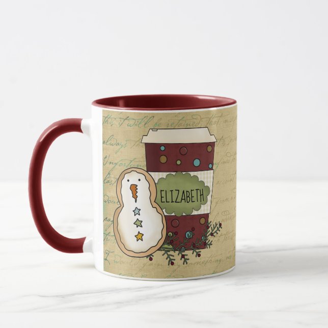 Whimsical Country Festive Snowman Cookie mit Kaffe Tasse (Links)