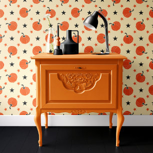 Whimsical Cream & Orange Kürbis-Sterne Halloween Tapete