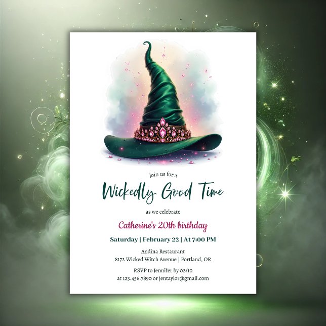 Whimsical Crown & Green Hexenhut Geburtstag Einladung (Whimsical Crown & Green Wicked Witch Hat Birthday Invitation)