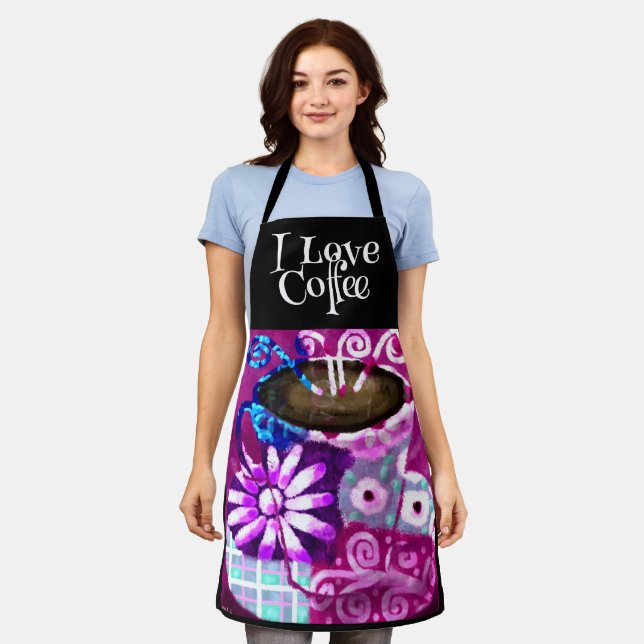 Whimsical Cup Coffee Abstrakt Painting Lila Schürze (Getragen)