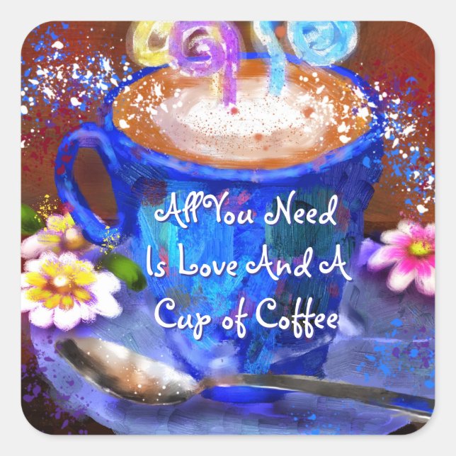 Whimsical Cup Kaffee Blumenkohl Blume Liebe Blau Quadratischer Aufkleber (Vorderseite)