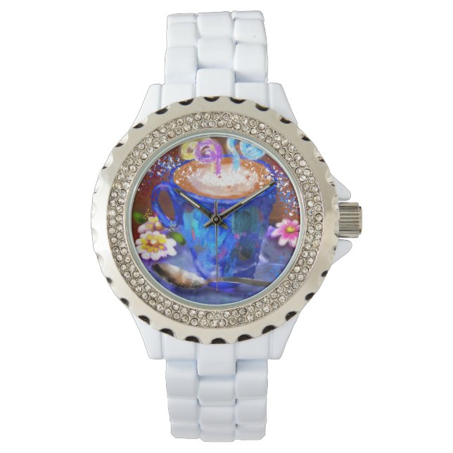 Whimsical Cup Kaffee Latte Espresso Brown Blue Armbanduhr (Vorderseite)