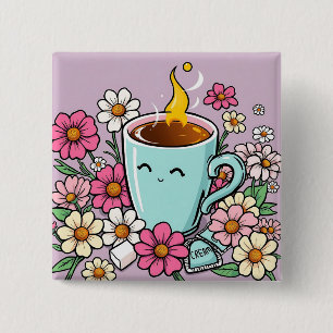 Whimsical Cup of Warm Coffee and Blume Button